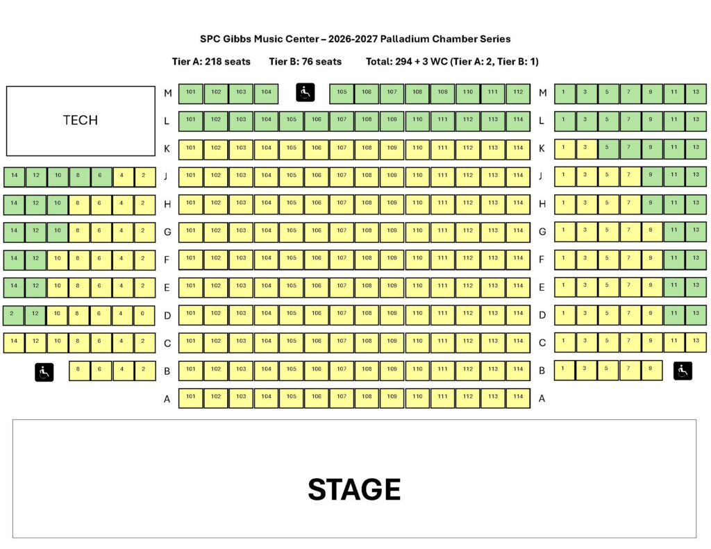 This is a seating map of the Music Center at SPc Gibbs. The map shows reserved seating available, with row A being closest to the stage, going back to row M at the back of the concert hall.