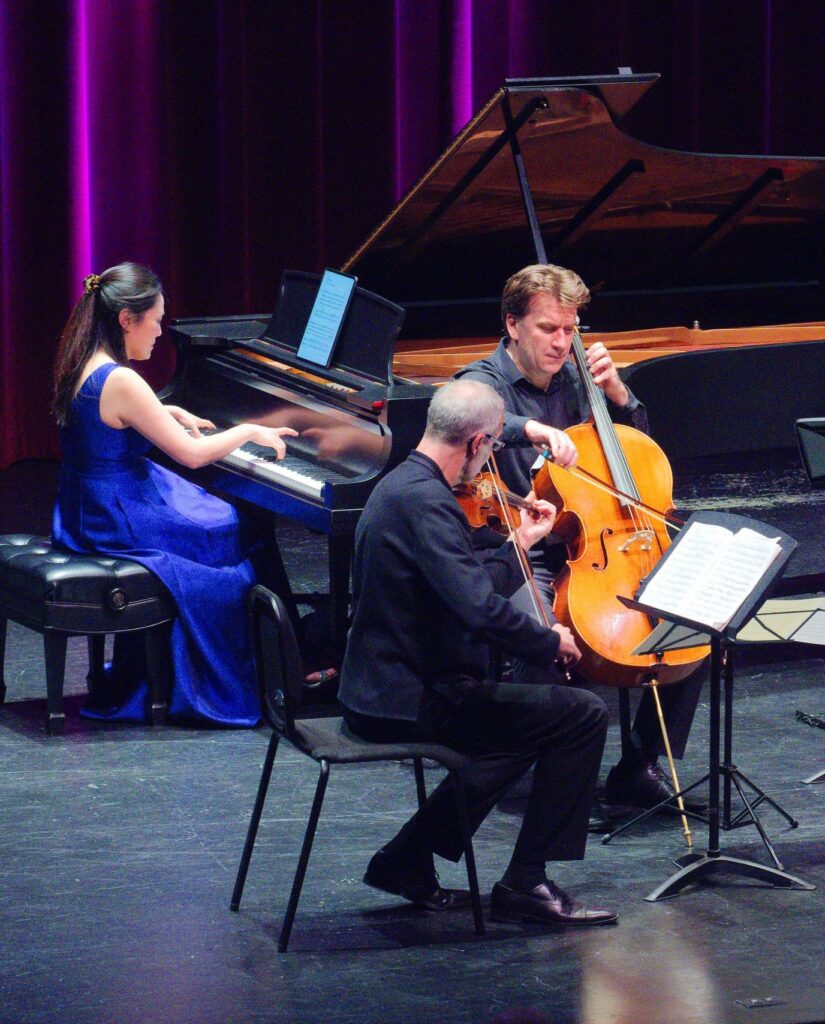Palladium Chamber Players Jeewon Park at the piano, Edward Arron with his cello, and Jeffrey Multer with his violin.